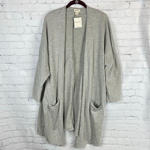 Donni. Women's Plus One/size Open, Gray Striped Long Sleeve Cardigan NWT - Picture 1 of 7